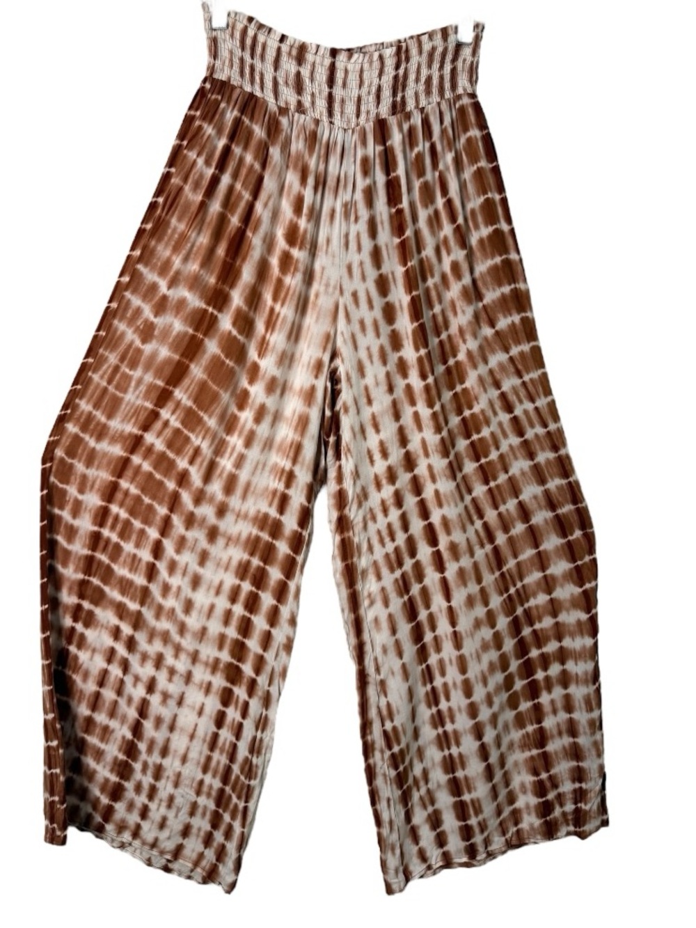 La Miel Tie Dye Palazzo Pants Wide Leg Boho Goddess Rayon Brown Ivory L - Picture 2 of 5